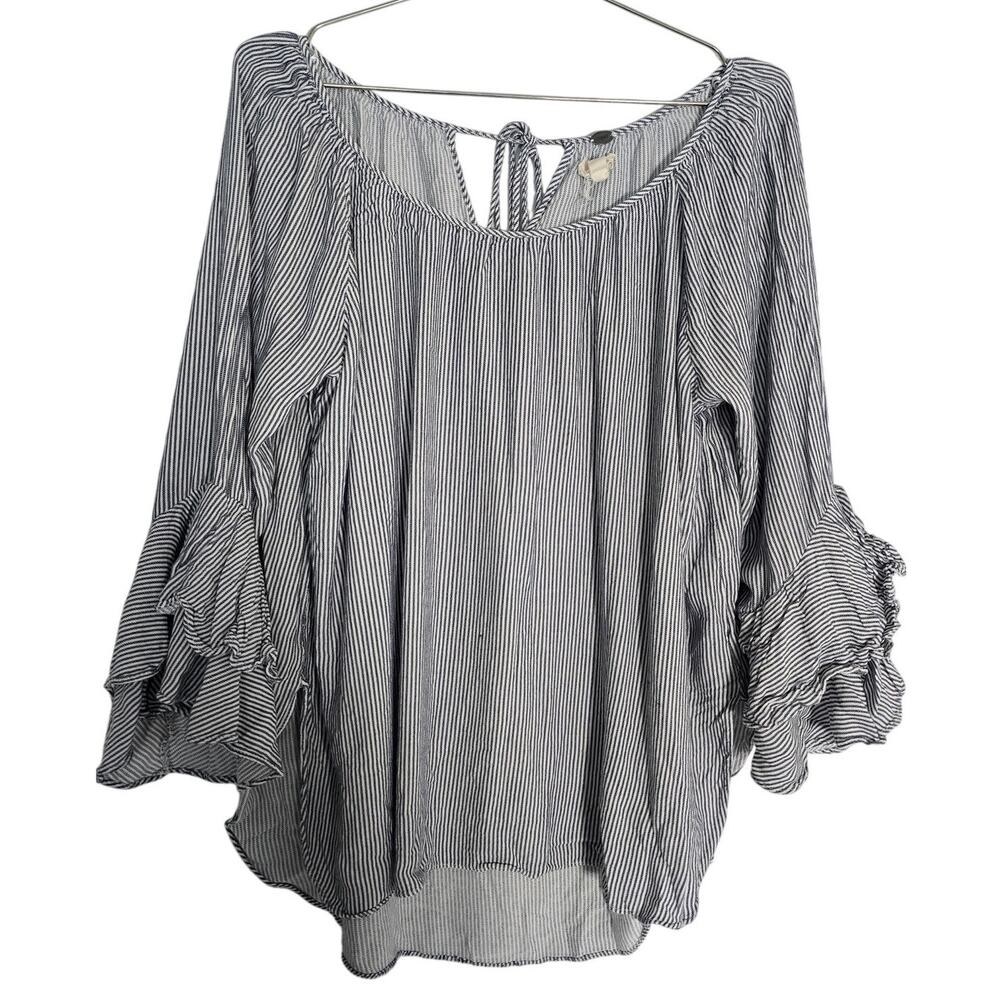 Cupio XL Bell Sleeve Blouse Grey White Striped Ruffle Work Office Chic Boho Top